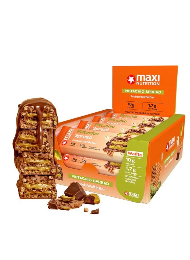 Maxi Nutrition Pistachio Spread Protein Waffle Bar  (Pack Of 12 X 39Grams Each) | With 10gm Protein & Low Sugar Per Serving | No Artificial Colour & Flavor Added - Image 1
